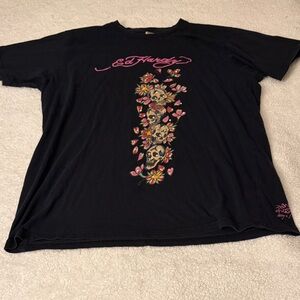 Ed Hardy Black Tee with Skull and Floral Art